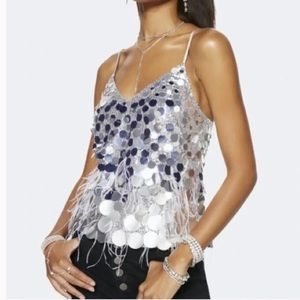Ramy Brook Rina Silver Metallic Sequined Faux Feather Camisole Tank Top Size L